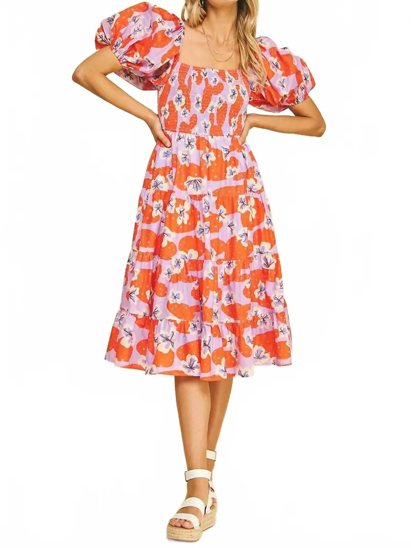 Floral Smocked Midi Dress With Bubble Sleeves In Lavender/Orange 1