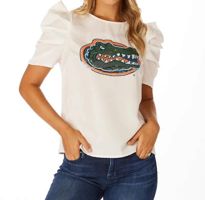 Florida Sequin Puff Sleeve Shirt In White 1