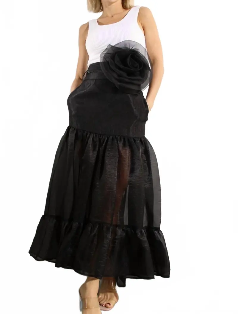 Flower Belt Organza Maxi Skirt In Black 1