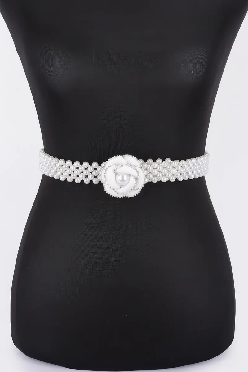 Flower Faux Pearl Elastic Belt 1