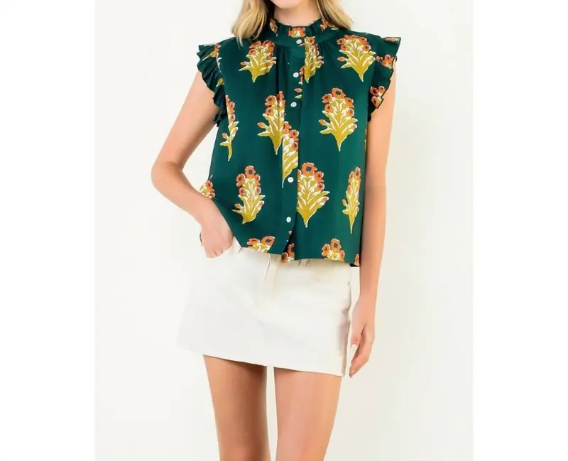 Flutter Sleeve Floral Blouse In Green 1