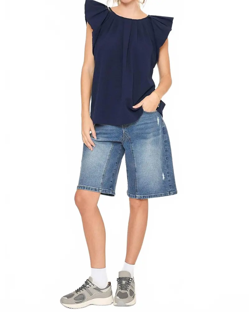 Flutter Sleeve Pleated Crew Neck Blouse In Navy 1