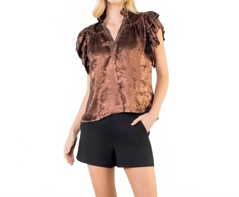 Flutter Sleeve Shimmery V Neck Top In Bronze 1