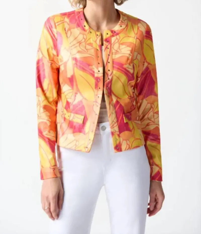 Foiled Suede Floral Print Fitted Jacket In Pink/Multi 1