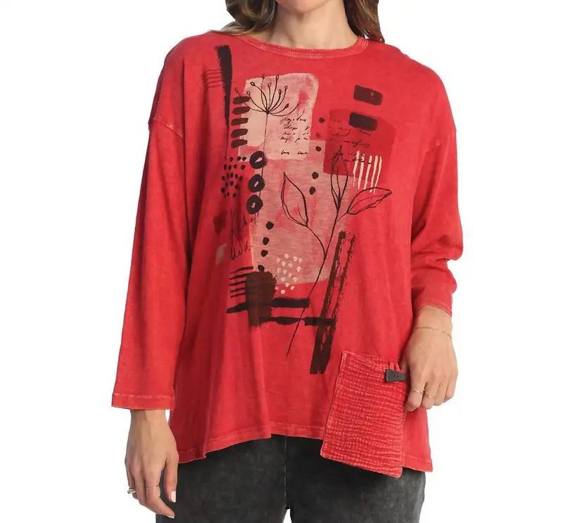 Foliage Mineral Washed Gauze Contrast Pocket Top In Scarlet 1