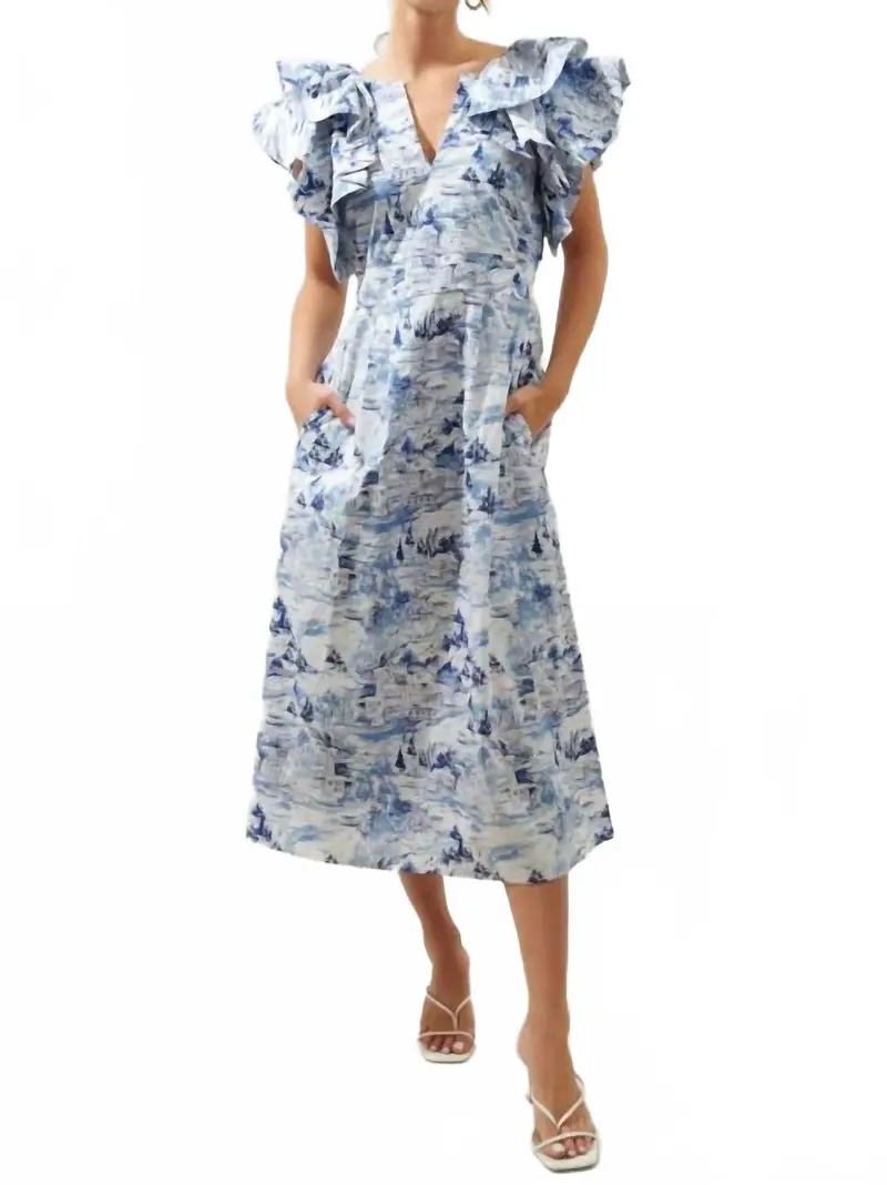 Francine Toile Sky Ruffle Tiered Midi Dress In Blue 1
