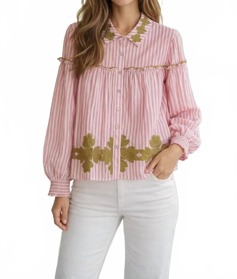 Frankie Button Down Blouse In Pink Stripe 1
