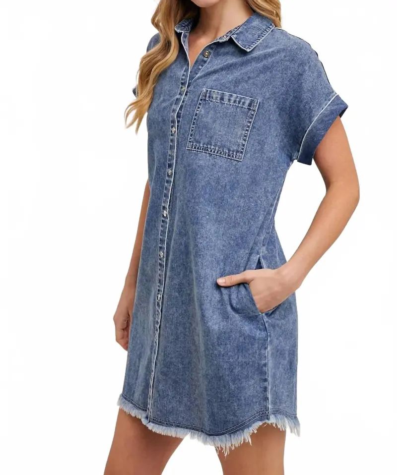 Frayed Hem Denim Shirt Dress In Blue 1