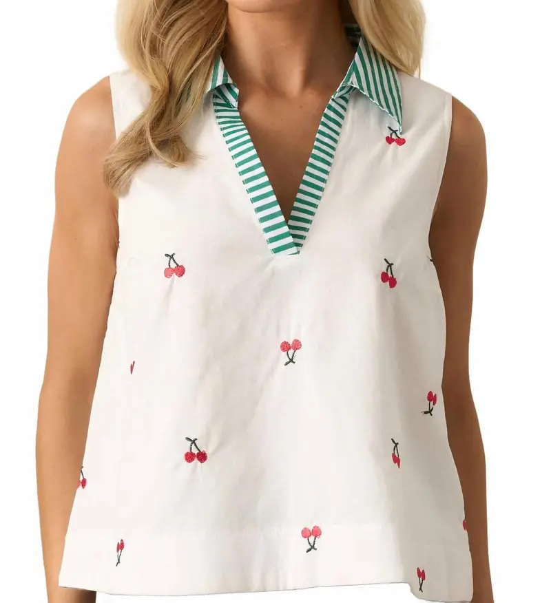 Fruit Pattern Shirt Collar Sleeveless Top In Cherry 1