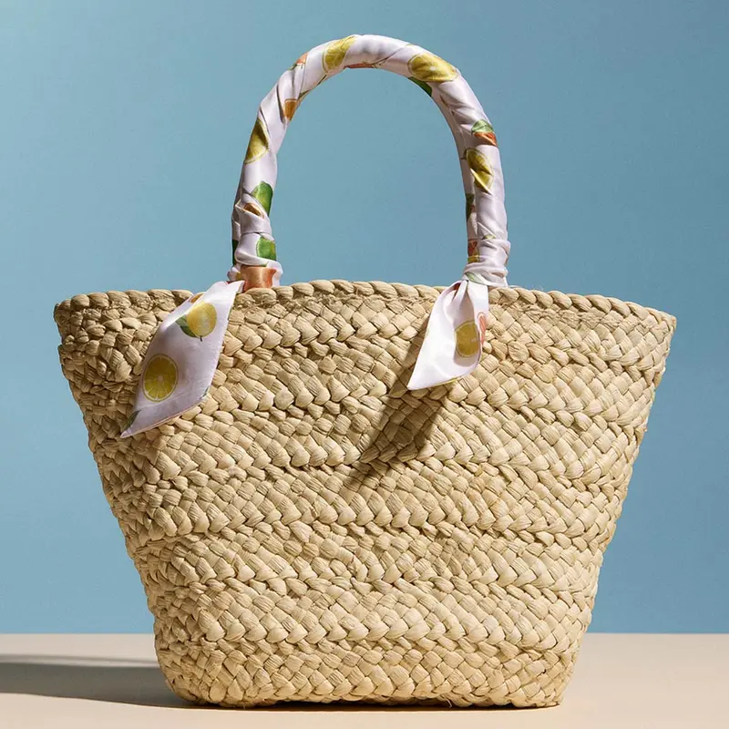 Fruit Print Fabric Scarf Wrapped Handle Raffia Tote Bag 1