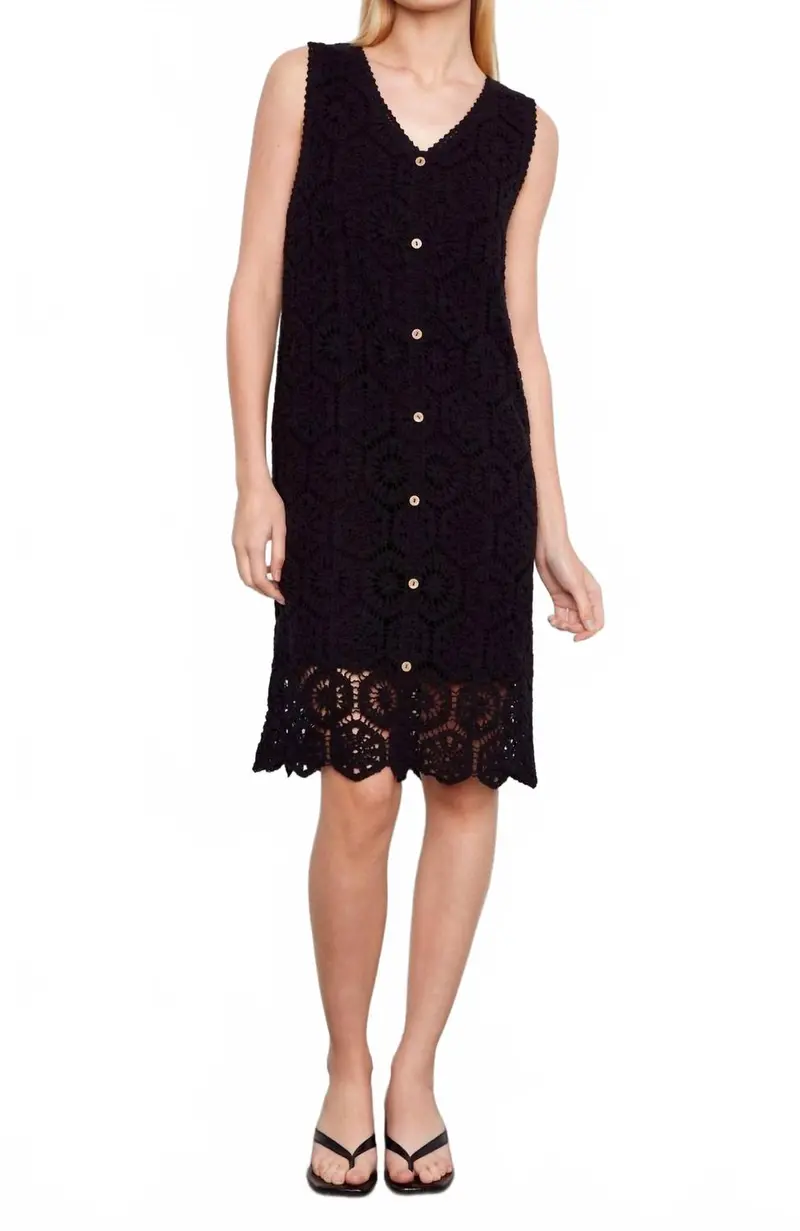 Fully Lined Crochet Sleeveless Buttoned Midi Dress In Black 1
