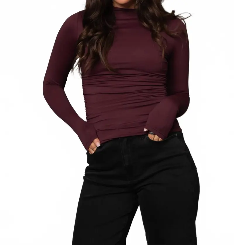 Funnel Neck Ruched Top In Prune 1