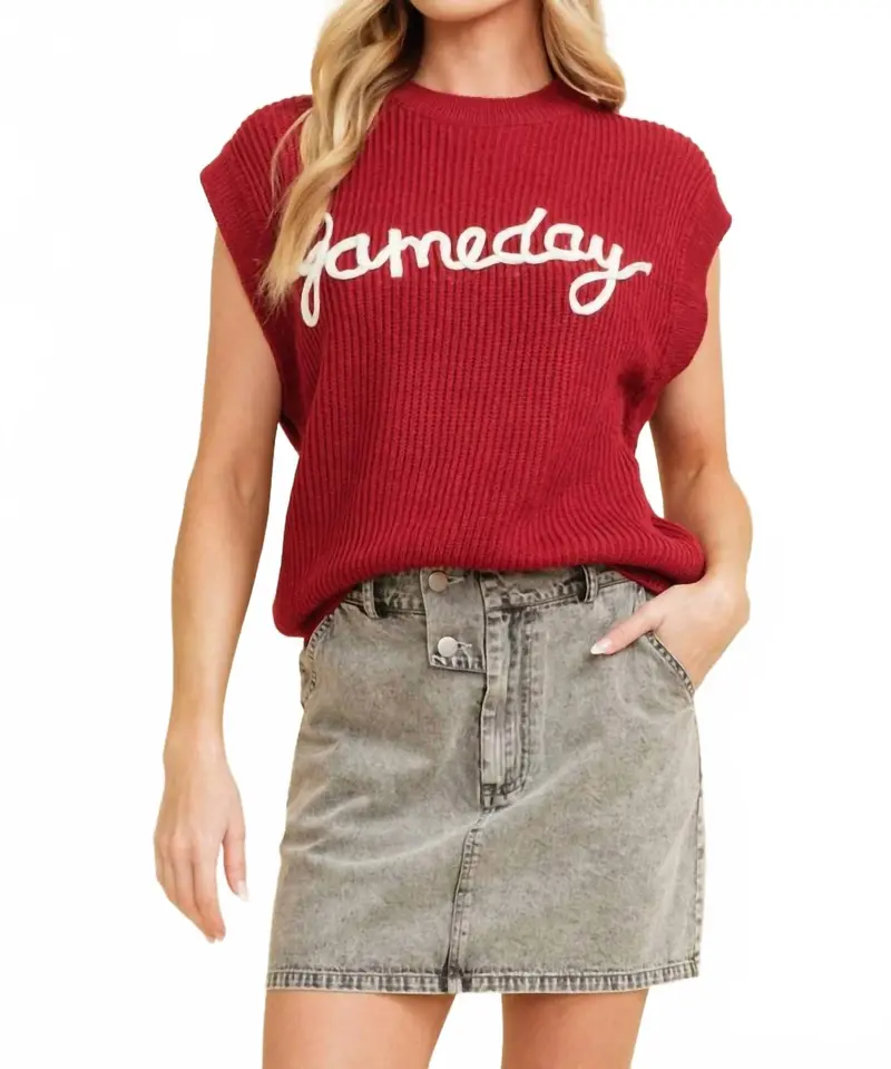 Gameday Sleeveless Sweater Vest In Red 1
