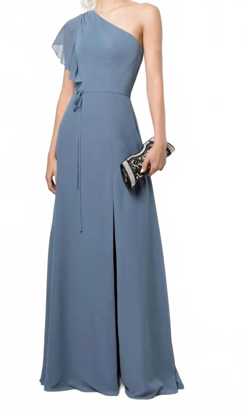 Gathered One Shoulder Gown In Slate Blue 1