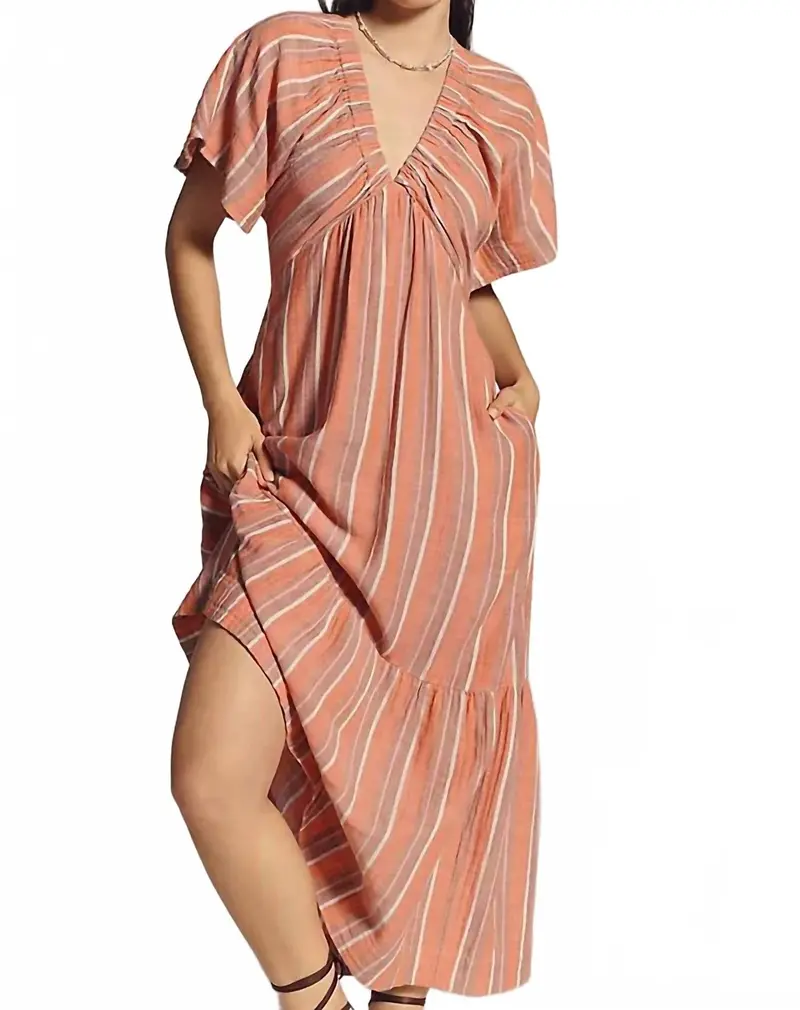 Gauze Stripe Midi Dress In Bright Coral 1