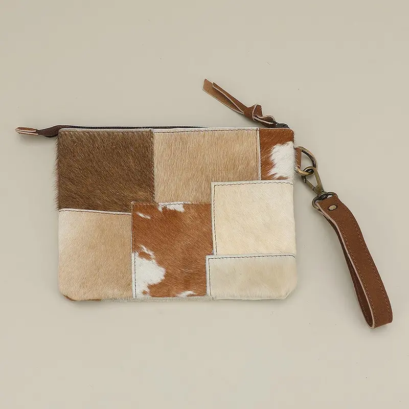 Genuine Leather Cowhide Calf Fur Patchwork Wristlet Pouch Clutch Bag 1