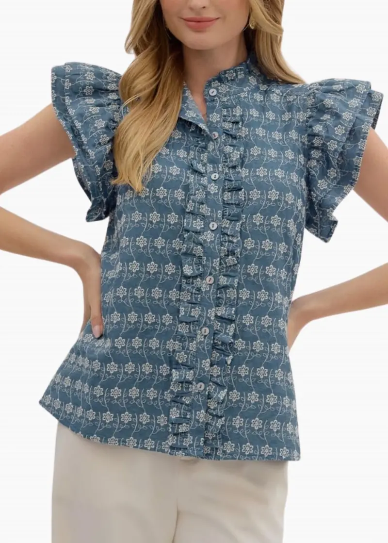 Georgia Flutter Sleeve Top In Embroidered Chambray 1