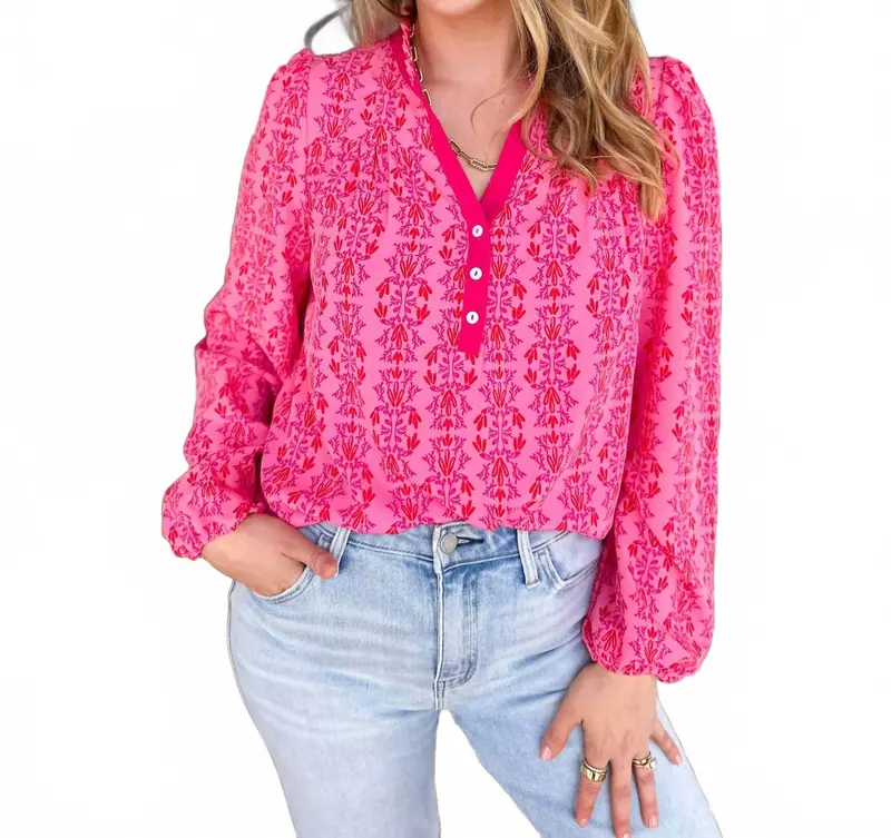 Gianna V-Neck Top In Heirloom Pink Vine 1