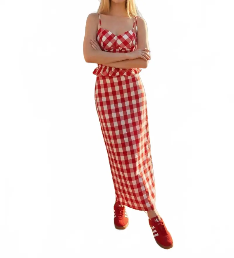 Gingham Sweetheart Top And Midi Skirt Set In Red/White 1