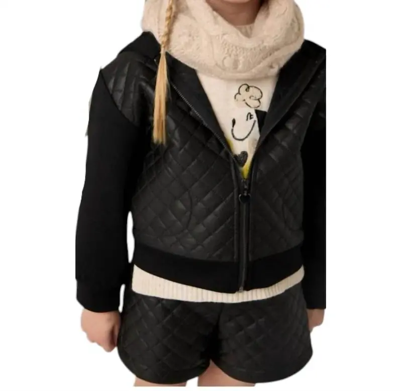 Girls Combined Quilted Jacket In Black 1