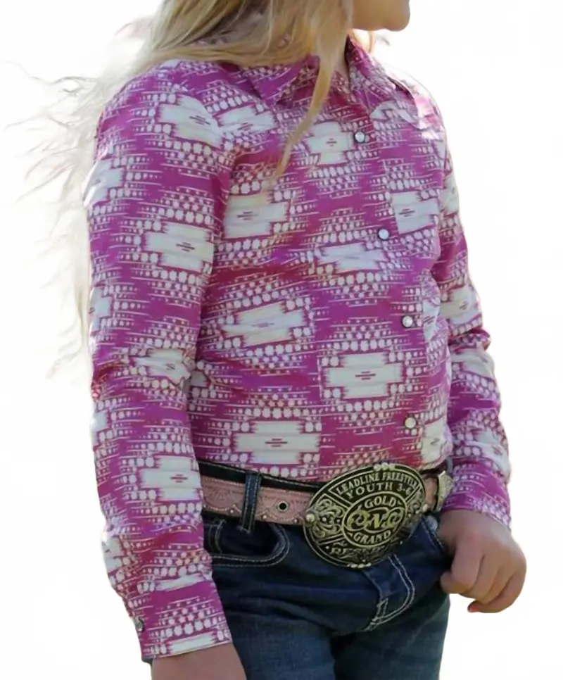 Girls Cruel Rhinestone Snap Western Shirt In Pink 1
