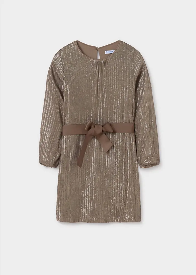 Girls Sequin Dress With Belt In Beige 1