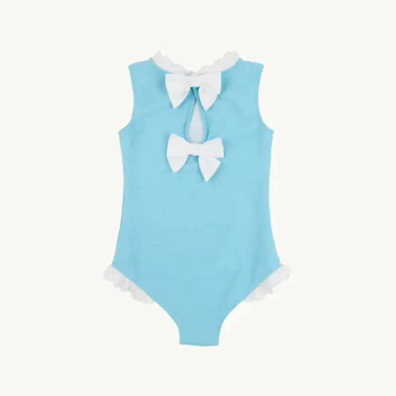 Girl's Sleeveless Sarasota Surf Swimsuit In Belhaven Blue With Worth Avenue White 1