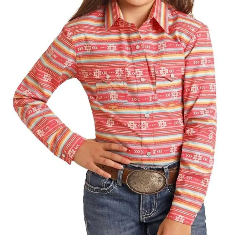 Girls Slim Southwest Print Snap Closure Shirt In Rose/Mauve 1
