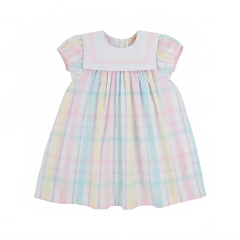Girl's Stewart's Square Collar Dress In Brunch Plate Plaid With Palm Beach Pink 1