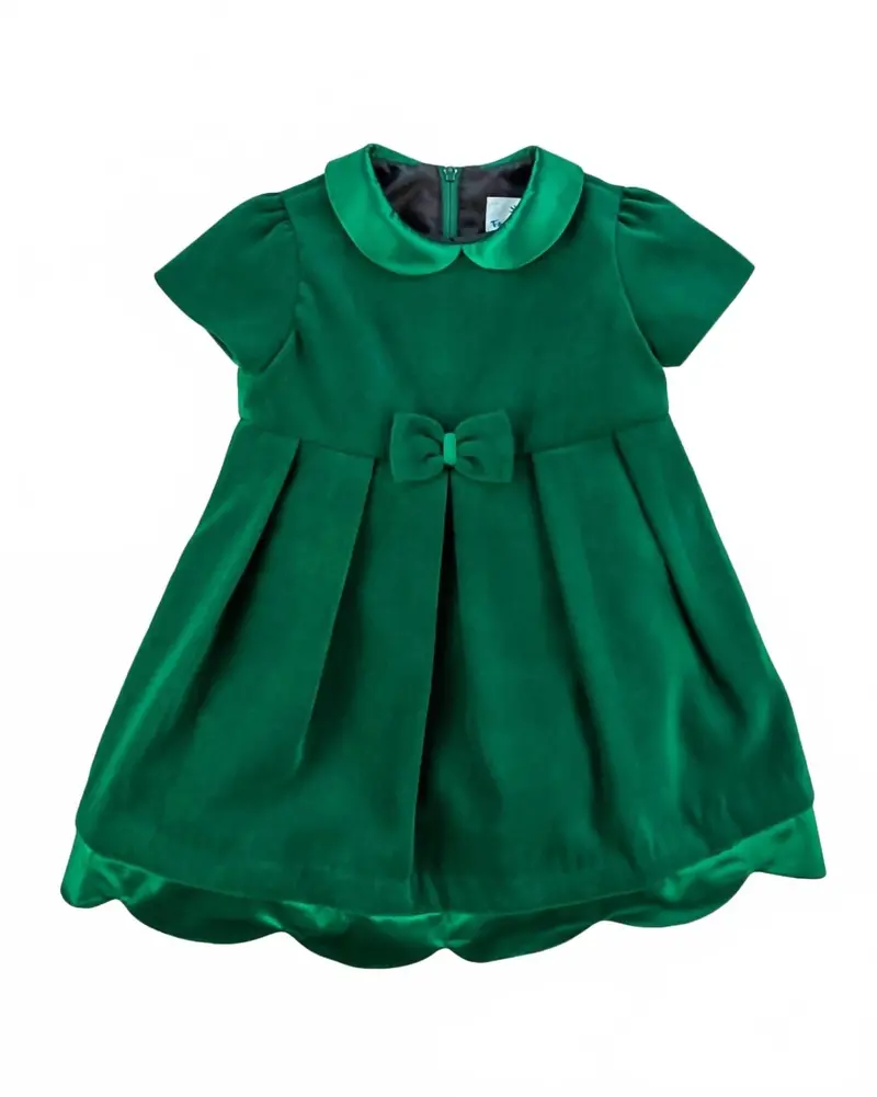 Girl's Velvet Dress With Satin In Green 1