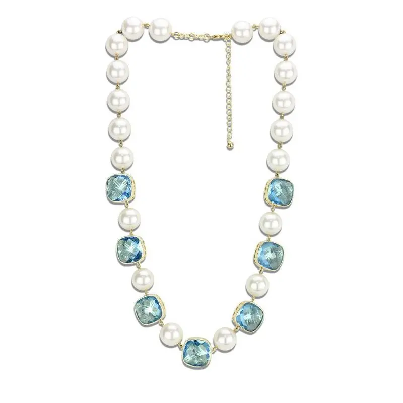Gold Brass Necklace With Synthetic Synthetic Glass In Sea Blue 1