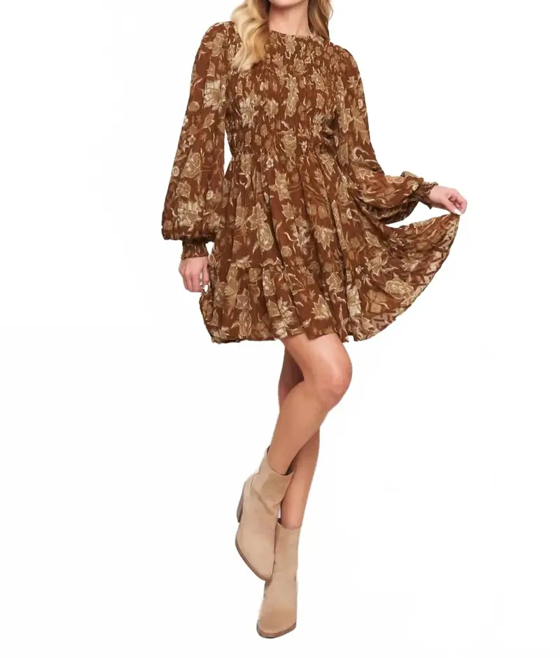 Golden Meadow Smocked Mini Dress In Brown 1