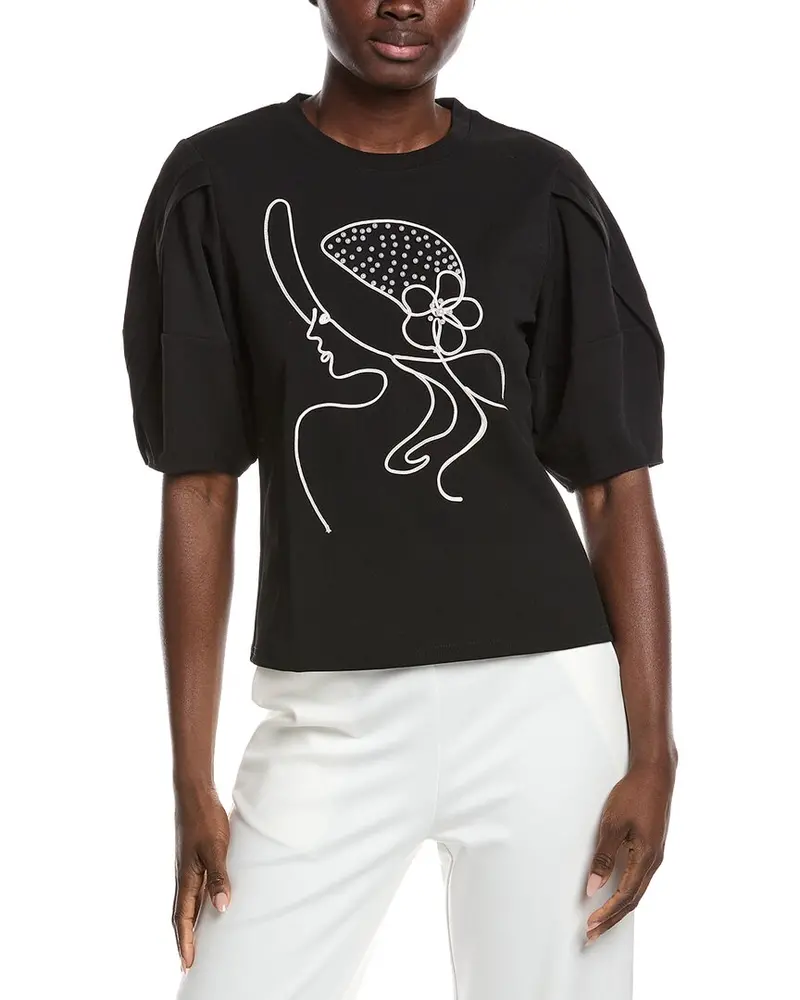 Gracia Abstract Face Embroidered Puff Sleeve Top 1