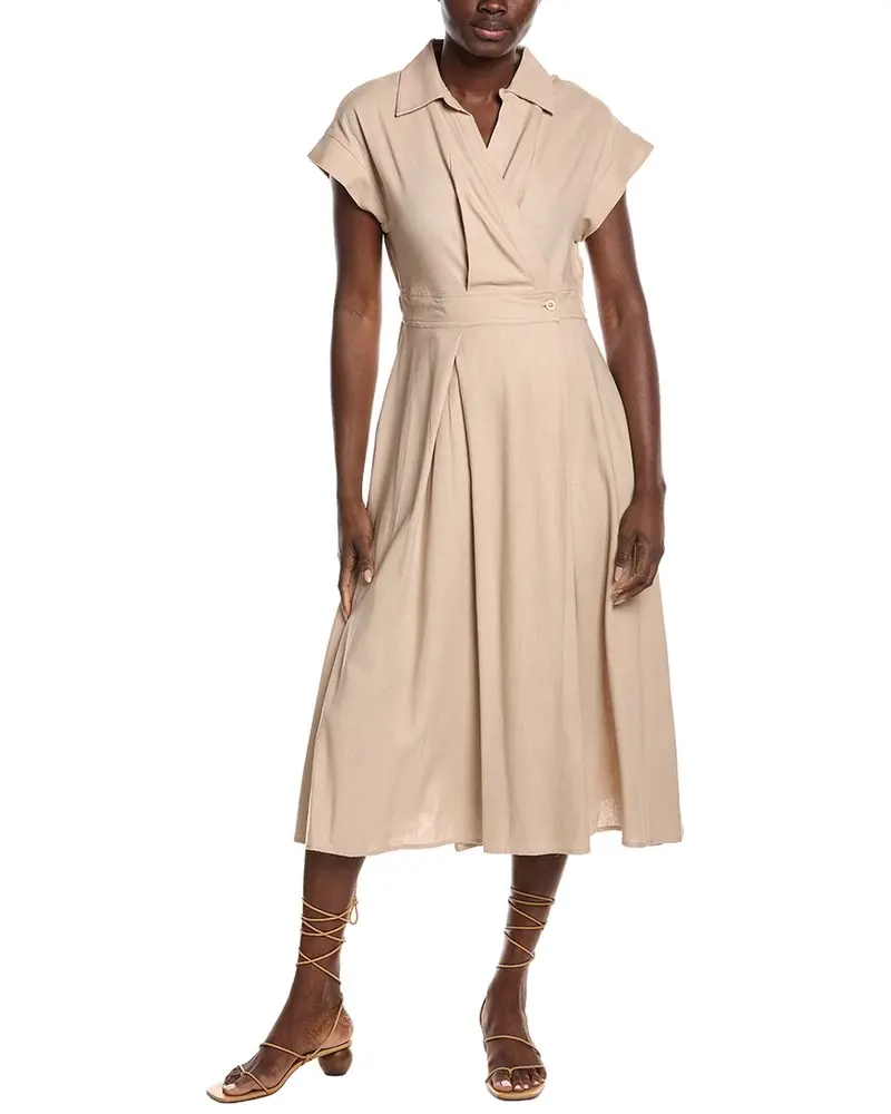 Gracia Banded Waist Linen-Blend Midi Wrap Dress 1