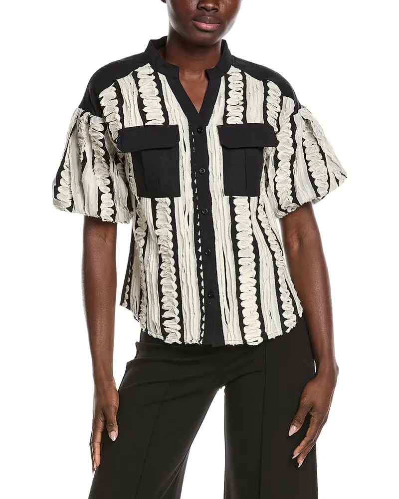 Gracia Embroidered Band V-Neck Puffed Sleeve Top 1