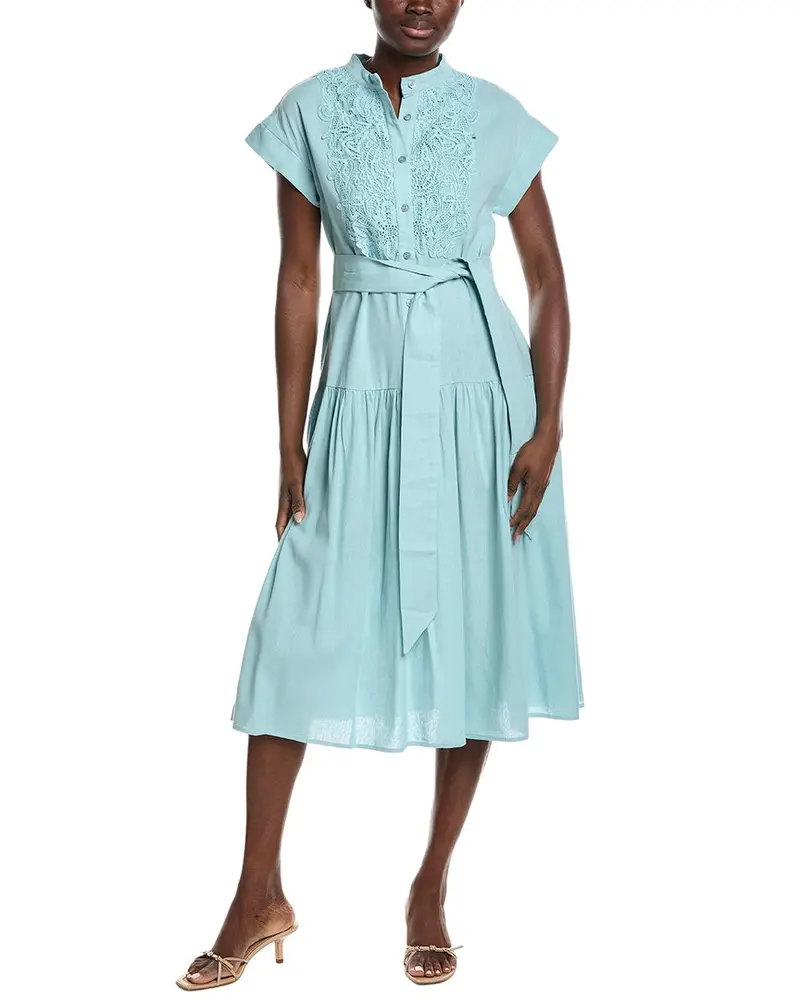 Gracia Embroidered Lace Bib Linen-Blend Midi Dress 1