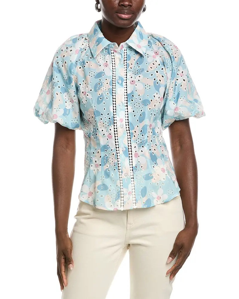 Gracia Floral Print Eyelet Puff Sleeve Button Down Shirt 1