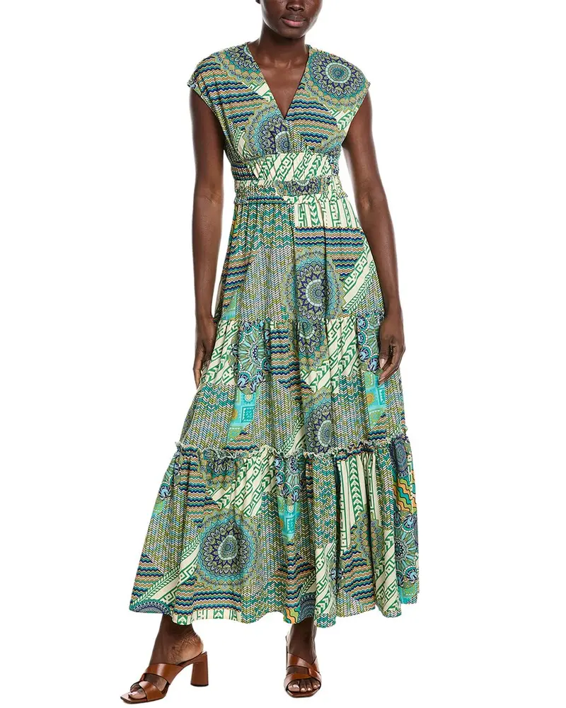 Gracia Printed V Neck Cap Sleeve Tiered Maxi Dress 1