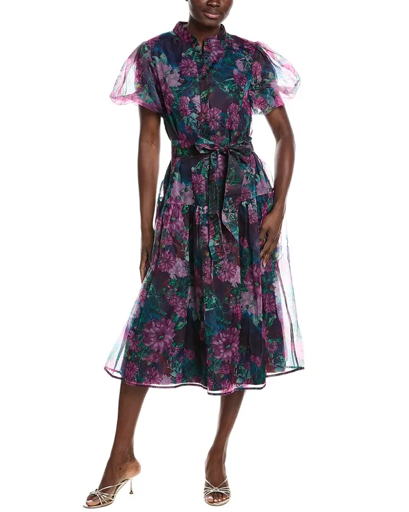 Gracia Puff Sleeve Band Collar Organza Midi Dress 1