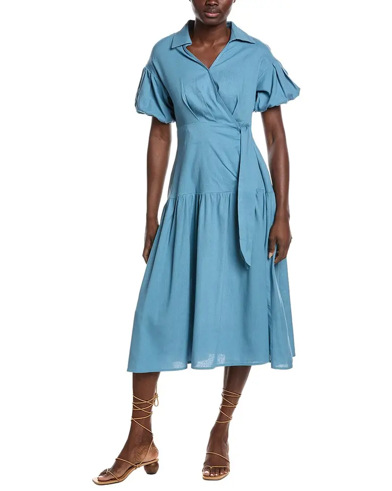 Gracia Side Waist Belt Linen-Blend Midi Wrap Dress 1