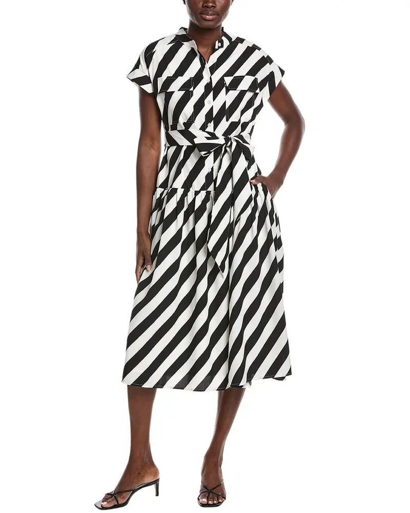 Gracia Stripped Front Pockets Belt Midi Dress 1