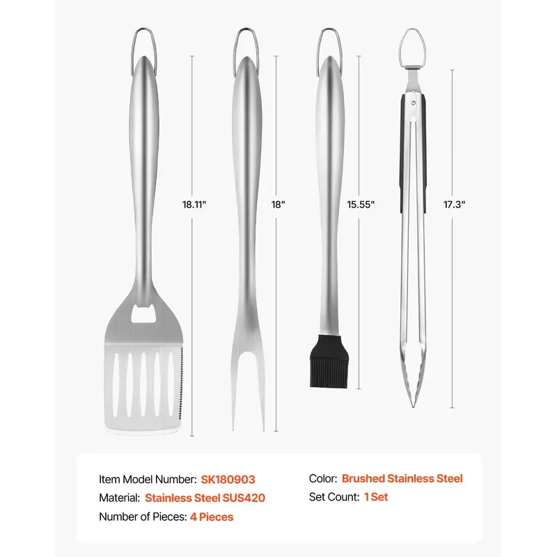 Grilling Accessories, 4Pcs Bbq Grill Tool Set, Heavy Duty Stainless Steel Barbecue Tools, Kitchen Utensils With Tong, Spatula, Fork, Brush, For Outdoor Grills, Gift For Father Men Husband 1