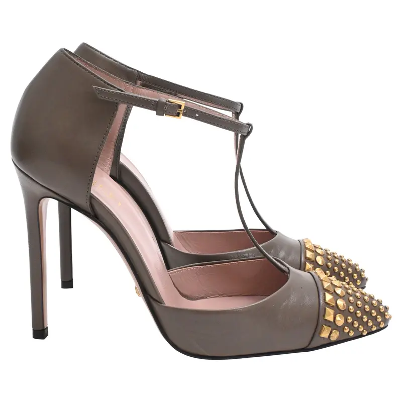 Gucci Studded Coline T-Strap Pumps In Brown Leather 1