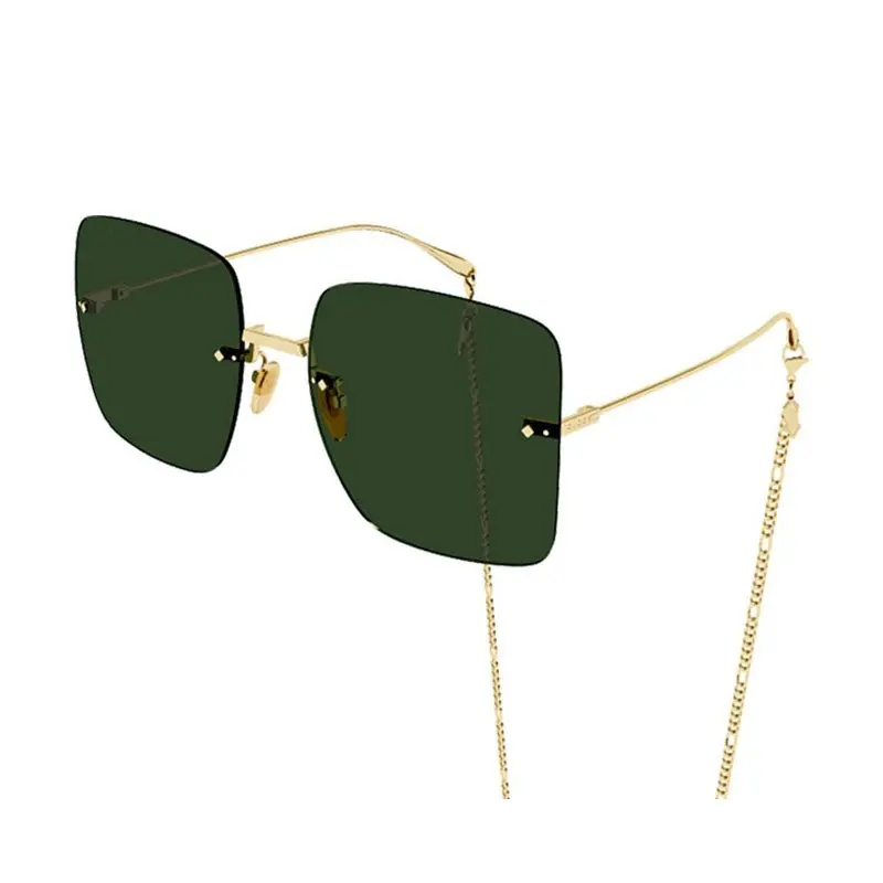 Gucci Sunglasses Butterfly Full Rim, Gold Frame And Dark Green With Gold Chain Lens Gg1147s002 1