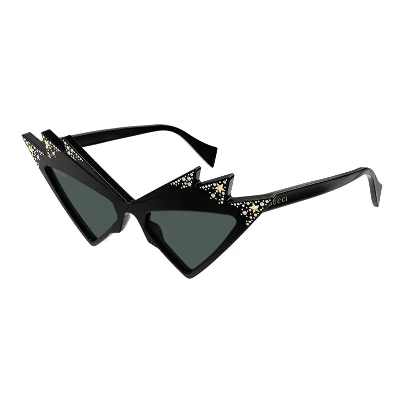 Gucci Sunglasses Cat Eye Full Rim, Shiny Black With White Stones Frame And Grey Lens Gg1371s003 1