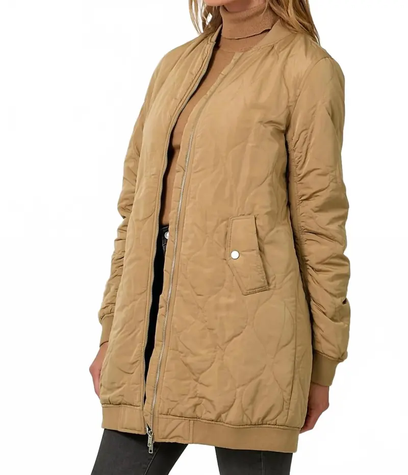 Guilted Long Bomber Jacket In Latte 1