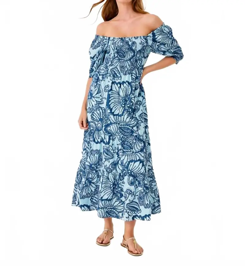 Hadly Short Sleeve Smocked Maxi Dress In Starlight Navy/Proud As A Peacock Stripe 1