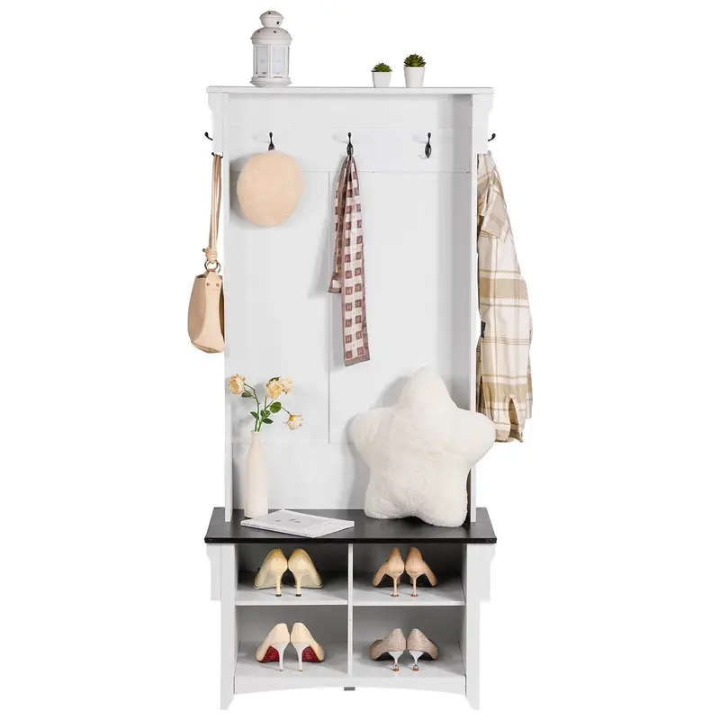 Hall Tree Entryway Bench, Coat Rack With Shoe Storage, 32" Wide Mudroom Bench With Storage And Seating, Adjustable Shelves And 5 Hanging Hooks With 4 Storage Drawers,For Mudroom,Entryway,Hallway 1