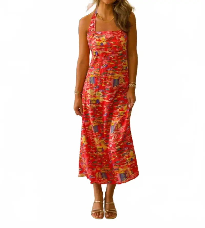 Halter Top Midi Dress In Red Multi 1