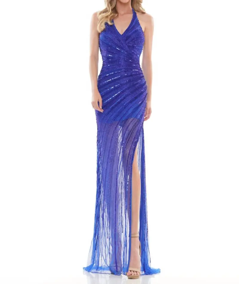 Halter V-Neck High Slit Gown In Royal 1